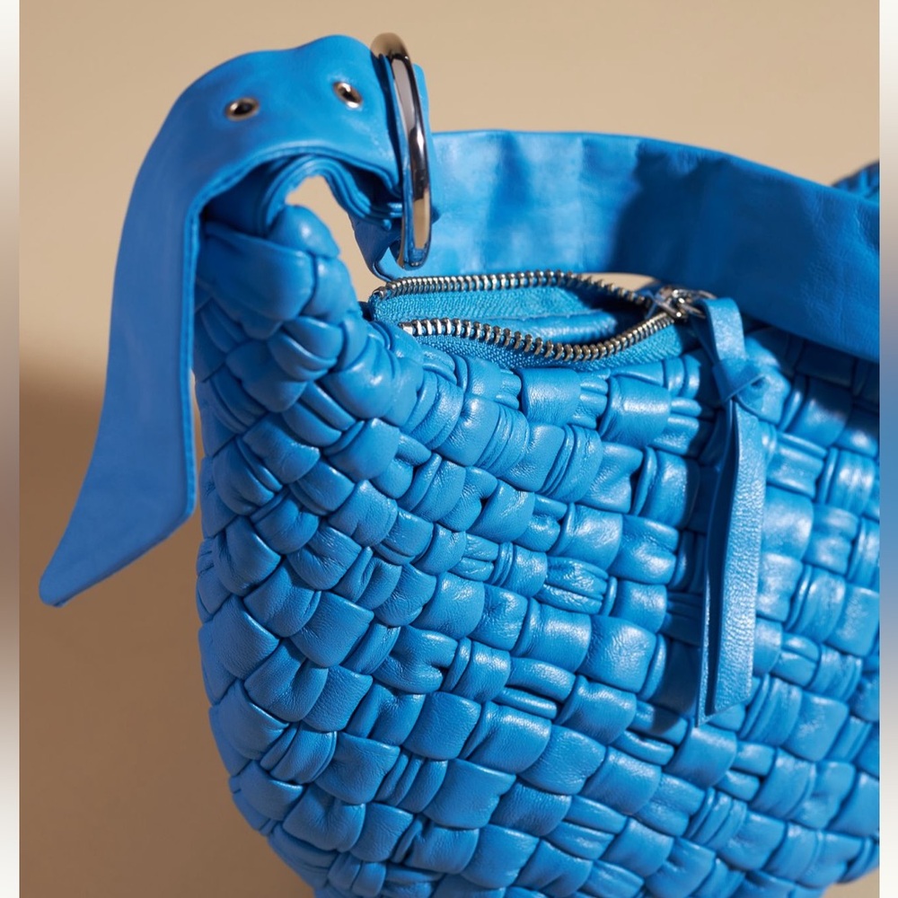 Anthropologie Bright Blue Woven Leather Hobo Bag - Picture 3 of 4